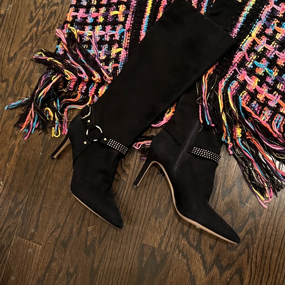 NWOT- XL FRINGED MAXI CARDI OPEN KNIT TRENCH in BLACK PINK BLUE & GOLD METALLIC - Picture 13 of 13